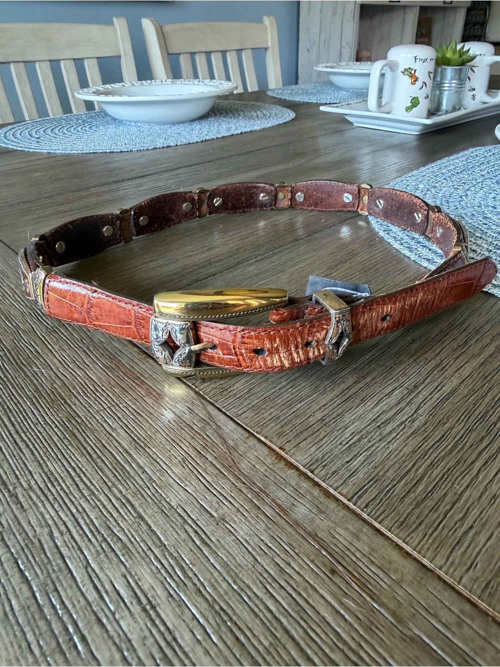 Brighton Cognac Brown Leather Belt with Gold Buckle and Silver Accents